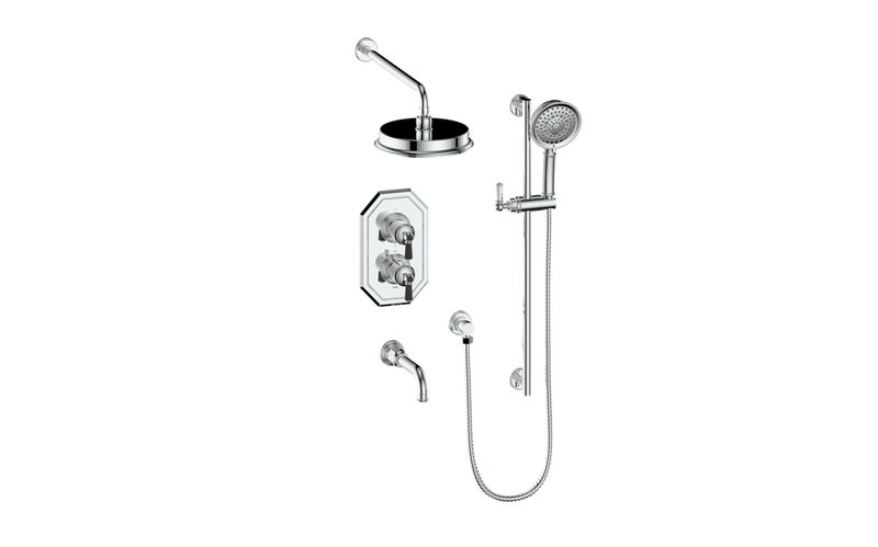 Vogt Carinthia 3-Function Thermostatic Tub & Shower System with 8" Rain Head, Hand Shower & Tub Spout – Wall-Mount – Chrome / Matte Black – SET.C21.320.310.CB