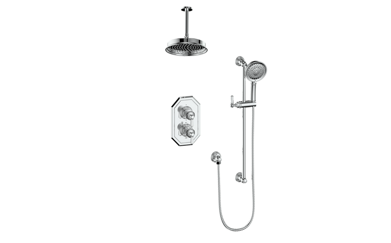 Vogt Carinthia 2-Function Thermostatic Shower System with 8" Rain Head & Hand Shower – Ceiling-Mount – Octagonal Handle – Chrome – SET.C2.220.216.CC