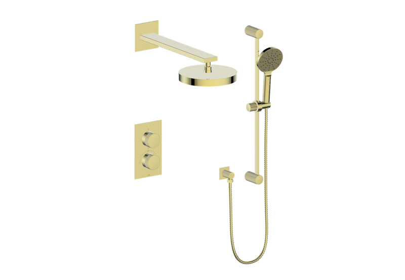 Vogt Mond 2-Function Thermostatic Shower System with 10" Rain Head & Hand Shower – Wall-Mount – Brushed Gold – SET.M1.220.210.BG