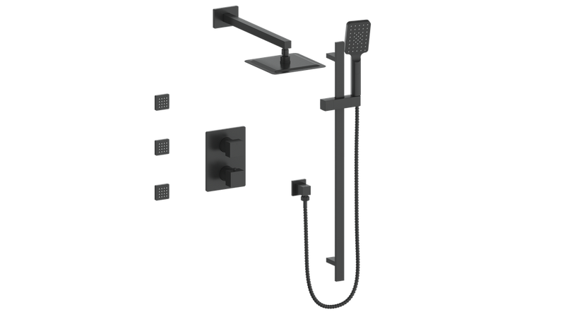 Vogt Kapfenberg 3-Function Thermostatic Shower System with 10" Rain Head, Hand Shower & Body Jets – Wall-Mount – Matte Black – SET.KG.320.810.MB