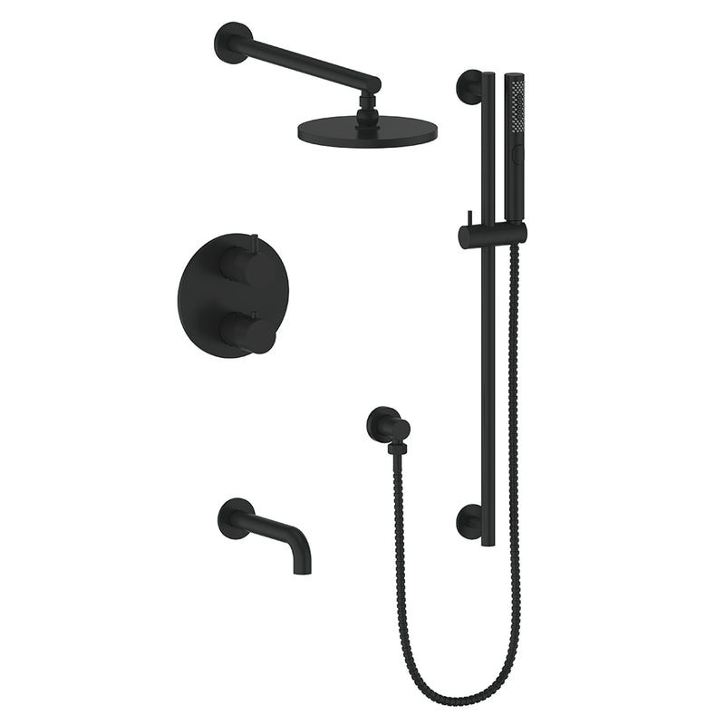Vogt Drava 3-Function Thermostatic Tub & Shower System with 8" Rain Head, Hand Shower & Tub Spout – Wall-Mount – Matte Black – SET.DA.320.310.MB