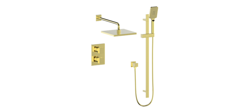 Vogt Kapfenberg 2-Function Thermostatic Shower System with 10" Rain Head & Hand Shower – Wall-Mount – Brushed Gold – SET.AP.220.220.BG