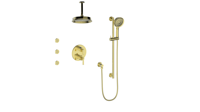 Vogt Zehn 3-Function Thermostatic Shower System with 8" Rain Head, Hand Shower & Body Jets – Ceiling-Mount – Brushed Gold – SET.Z1.320.816.BG