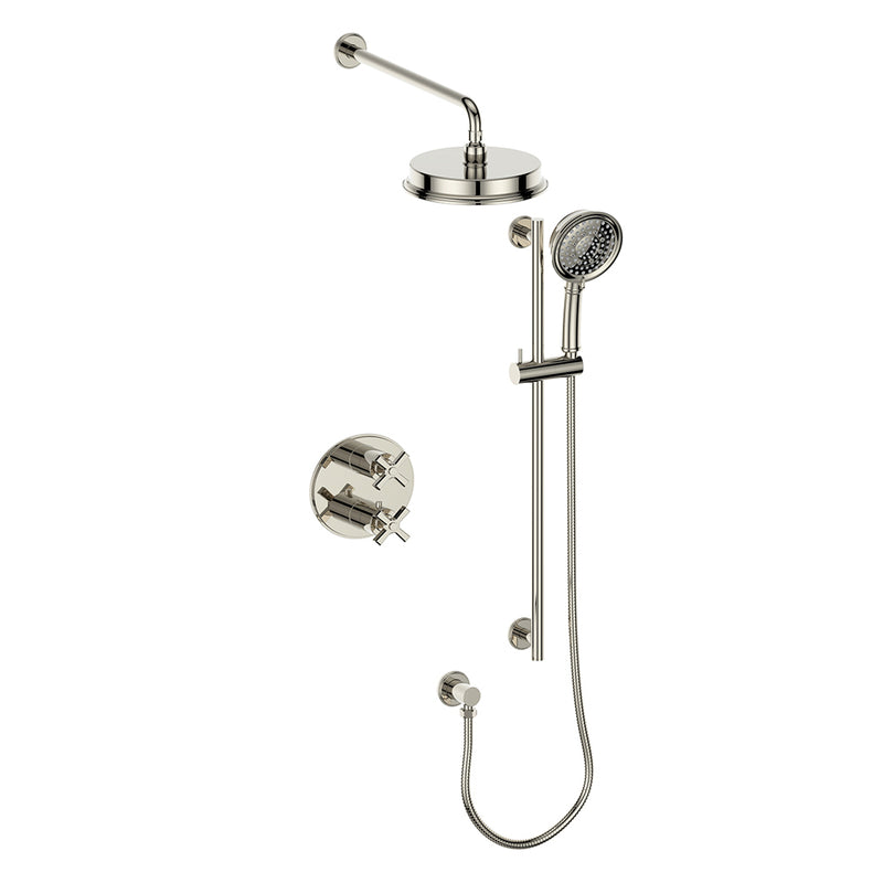 Vogt Zehn 2-Function Thermostatic Shower System with 8" Rain Head & Hand Shower – Wall-Mount – Polished Nickel – SET.Z4.220.210.PN