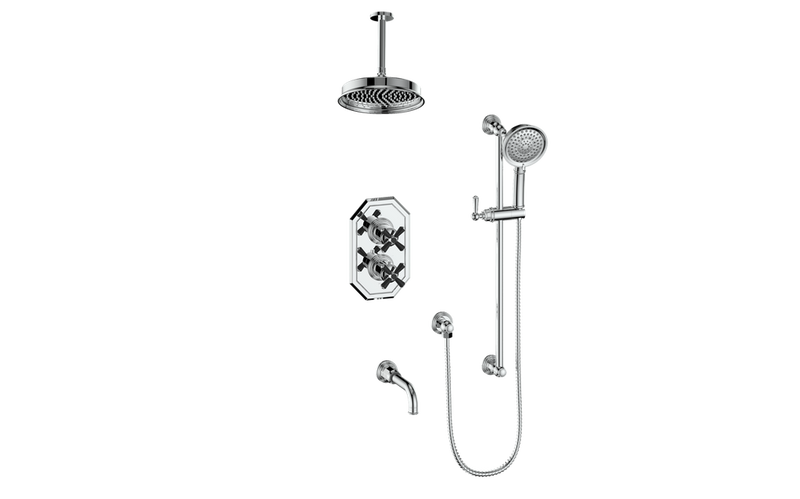 Vogt Carinthia 3-Function Thermostatic Tub & Shower System with 8" Rain Head, Hand Shower & Tub Spout – Ceiling-Mount – Chrome / Matte Black – SET.C31.320.316.CB