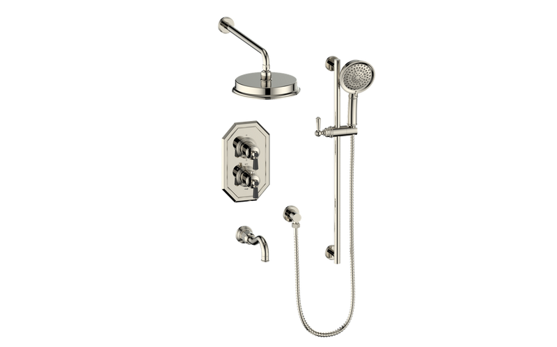 Vogt Carinthia 3-Function Thermostatic Tub & Shower System with 8" Rain Head, Hand Shower & Tub Spout – Wall-Mount – Polished Nickel / Matte Black – SET.C22.320.310.PB