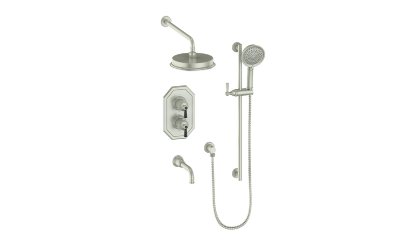 Vogt Carinthia 3-Function Thermostatic Tub & Shower System with 8" Rain Head, Hand Shower & Tub Spout – Wall-Mount – Brushed Nickel / Matte Black – SET.C11.320.310.BB