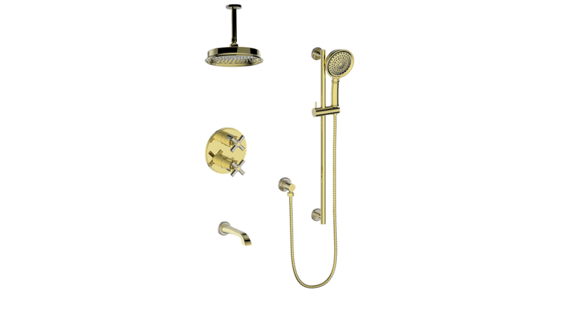 Vogt Zehn 3-Function Thermostatic Tub & Shower System with 8" Rain Head, Hand Shower & Tub Spout – Ceiling-Mount – Brushed Gold – SET.Z4.320.316.BG