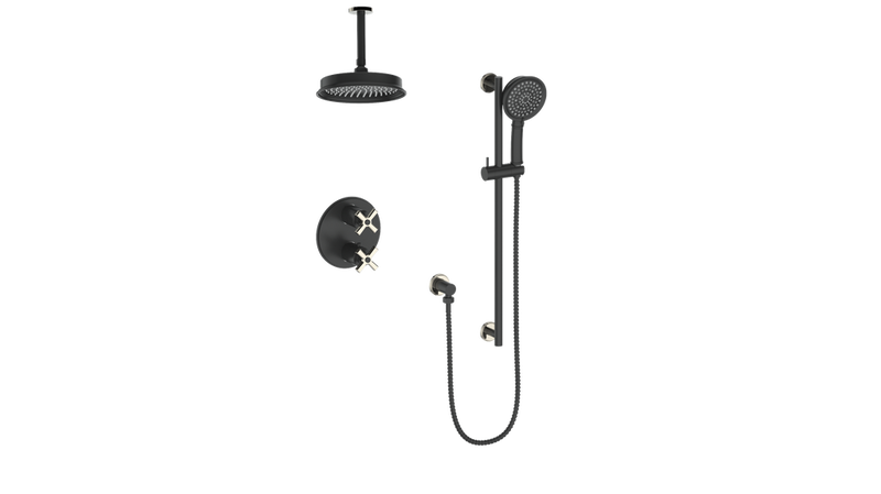 Vogt Zehn 2-Function Thermostatic Shower System with 8" Rain Head & Hand Shower – Ceiling-Mount – Matte Black / Polished Nickel – SET.Z4.220.216.PB