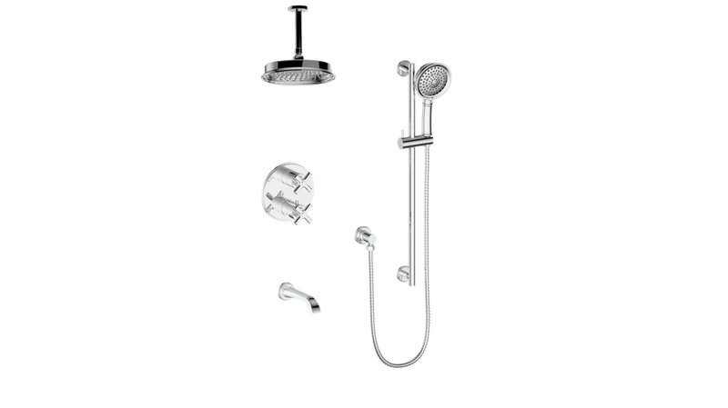 Vogt Zehn 3-Function Thermostatic Tub & Shower System with 8" Rain Head, Hand Shower & Tub Spout – Ceiling-Mount – Chrome – SET.Z4.320.316.CC