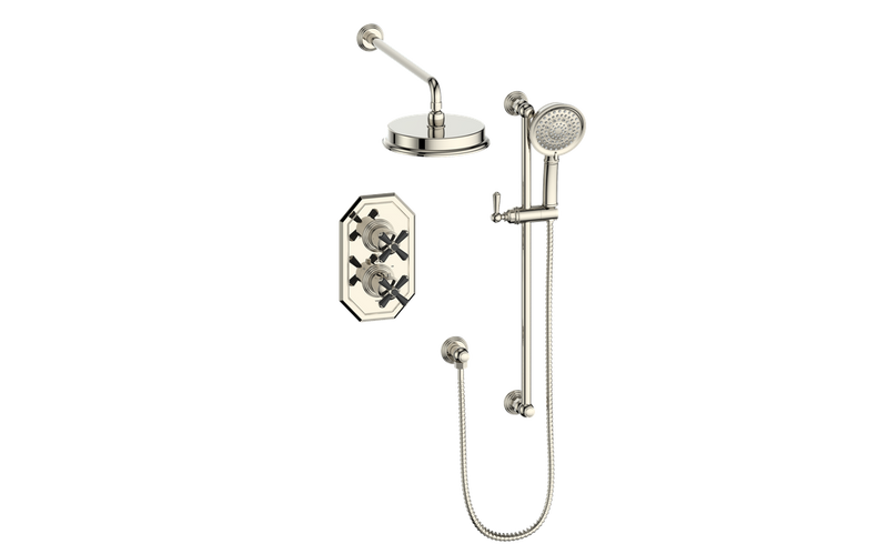 Vogt Carinthia 2-Function Thermostatic Shower System with 8" Rain Head & Hand Shower – Wall-Mount – Cross Handle – Polished Nickel / Matte Black – SET.C3.220.210.PB