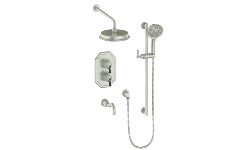 Vogt Carinthia 3-Function Thermostatic Tub & Shower System with 8" Rain Head, Hand Shower & Tub Spout – Wall-Mount – Brushed Nickel / Matte Black – SET.C12.320.310.BB