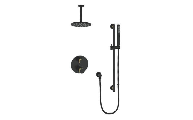Vogt Drava 2-Function Thermostatic Shower System with 8" Rain Head & Hand Shower – Ceiling-Mount – Matte Black / Brushed Gold – SET.DA.220.216.BGB