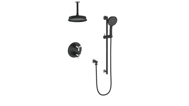 Vogt Zehn 2-Function Thermostatic Shower System with 8" Rain Head & Hand Shower – Ceiling-Mount – Matte Black / Stainless Steel – SET.Z3.220.216.SB