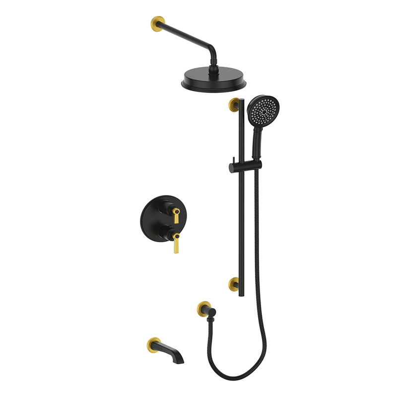Vogt Zehn 3-Function Thermostatic Tub & Shower System with 8" Rain Head, Hand Shower & Tub Spout – Wall-Mount – Matte Black / Brushed Gold – SET.Z1.320.310.BGB
