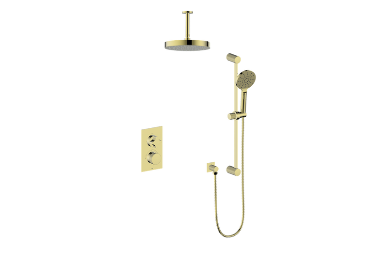 Vogt Mond 2-Function Thermostatic Shower System with 10" Rain Head & Hand Shower – Ceiling-Mount – Brushed Gold – SET.M2.220.216.BG