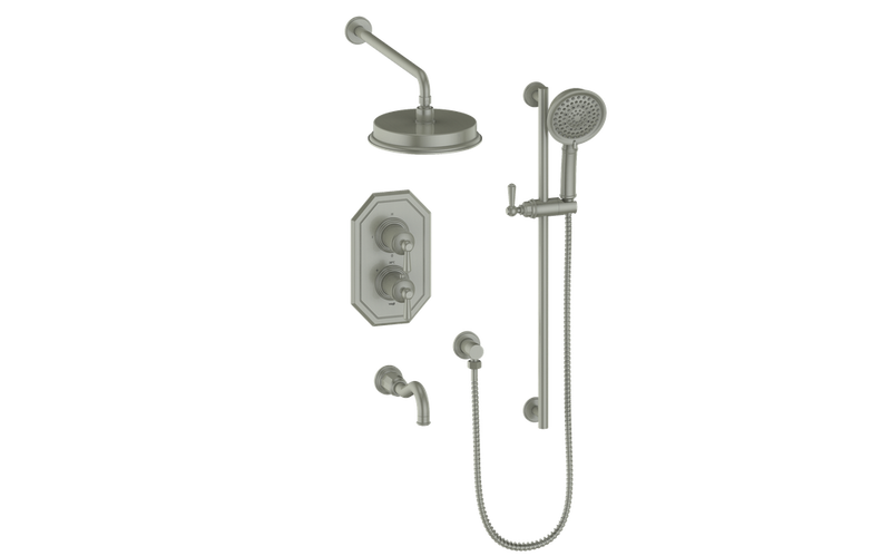 Vogt Carinthia 3-Function Thermostatic Tub & Shower System with 8" Rain Head, Hand Shower & Tub Spout – Wall-Mount – Brushed Nickel – SET.C12.320.310.BN
