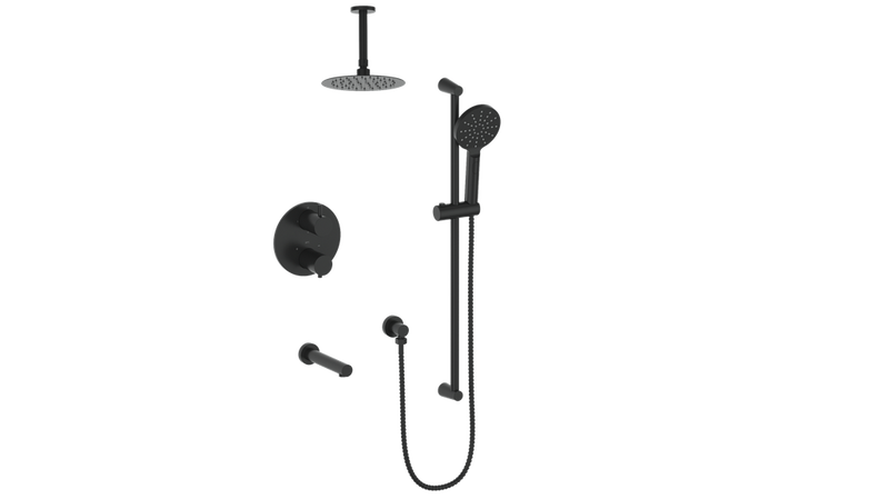 Vogt Worgl 3-Function Thermostatic Tub & Shower System with 8" Rain Head, Hand Shower & Tub Spout – Ceiling-Mount – Matte Black – SET.WL.320.316.MB