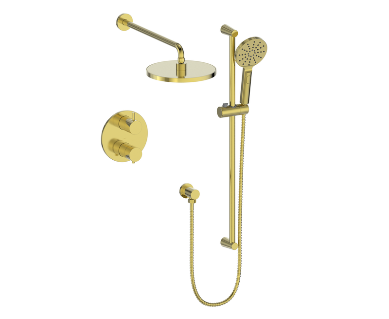 Vogt Worgl 2-Function Thermostatic Shower System with 10" Rain Head & Hand Shower – Wall-Mount – Brushed Gold – SET.OR.220.220.BG
