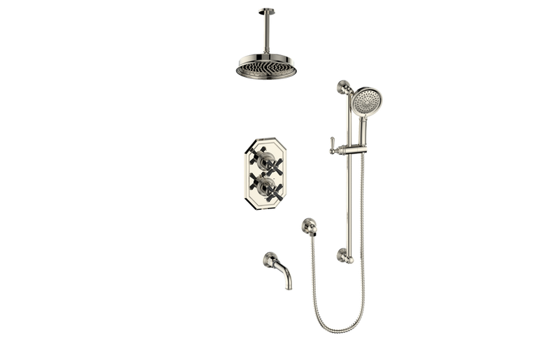 Vogt Carinthia 3-Function Thermostatic Tub & Shower System with 8" Rain Head, Hand Shower & Tub Spout – Ceiling-Mount – Polished Nickel / Matte Black – SET.C31.320.316.PB