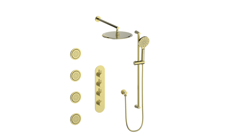 Vogt Worgl 3/4" High-Flow Thermostatic Shower System with 12" Rain Head, Hand Shower & Body Jets – Wall-Mount – Brushed Gold – SET.WL.350.930.BG