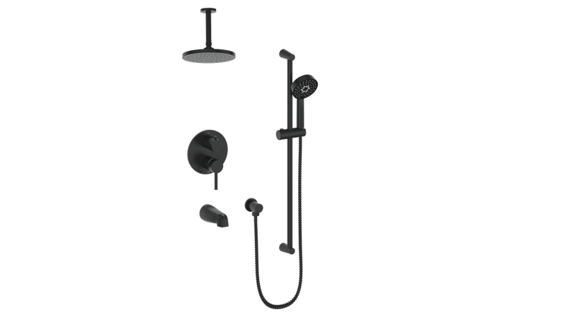 Vogt Worgl 3-Function Pressure-Balanced Tub & Shower System with 8" Rain Head, Hand Shower & Tub Spout – Ceiling-Mount – Matte Black – SET.OR.310.316.MB