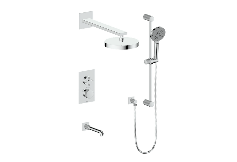 Vogt Mond 3-Function Thermostatic Tub & Shower System with 10" Rain Head, Hand Shower & Tub Spout – Wall-Mount – Chrome – SET.M3.320.310.CC