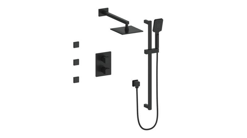 Vogt Niveau 3-Function Thermostatic Shower System with 8" Rain Head, Hand Shower & Body Jets – Wall-Mount – Matte Black – SET.NU.320.810.MB