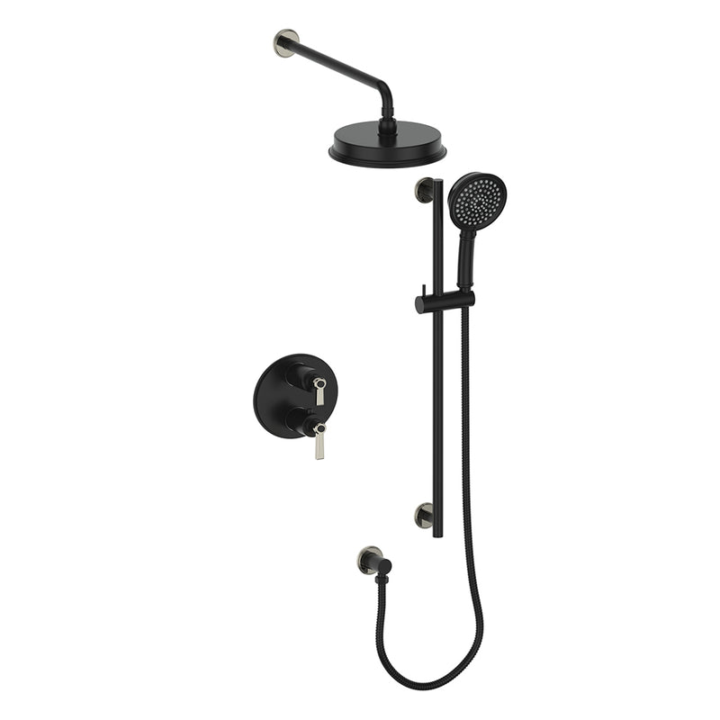 Vogt Zehn 2-Function Thermostatic Shower System with 8" Rain Head & Hand Shower – Wall-Mount – Matte Black / Polished Nickel – SET.Z1.220.210.PB