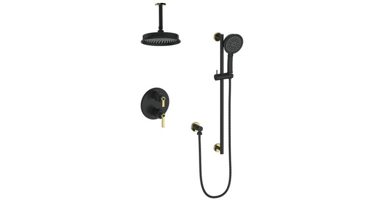 Vogt Zehn 2-Function Thermostatic Shower System with 8" Rain Head & Hand Shower – Ceiling-Mount – Matte Black / Brushed Gold – SET.Z1.220.216.BGB