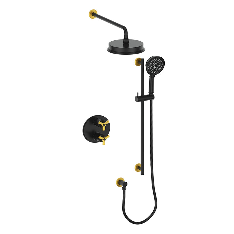 Vogt Zehn 2-Function Thermostatic Shower System with 8" Rain Head & Hand Shower – Wall-Mount – Matte Black / Brushed Gold – SET.Z3.220.210.BGB