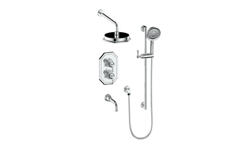 Vogt Carinthia 3-Function Thermostatic Tub & Shower System with 8" Rain Head, Hand Shower & Tub Spout – Wall-Mount – Chrome – SET.C11.320.310.CC