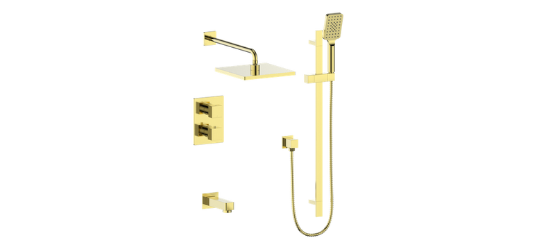 Vogt Kapfenberg 3-Function Thermostatic Tub & Shower System with 10" Rain Head, Hand Shower & Tub Spout – Wall-Mount – Brushed Gold – SET.AP.320.320.BG