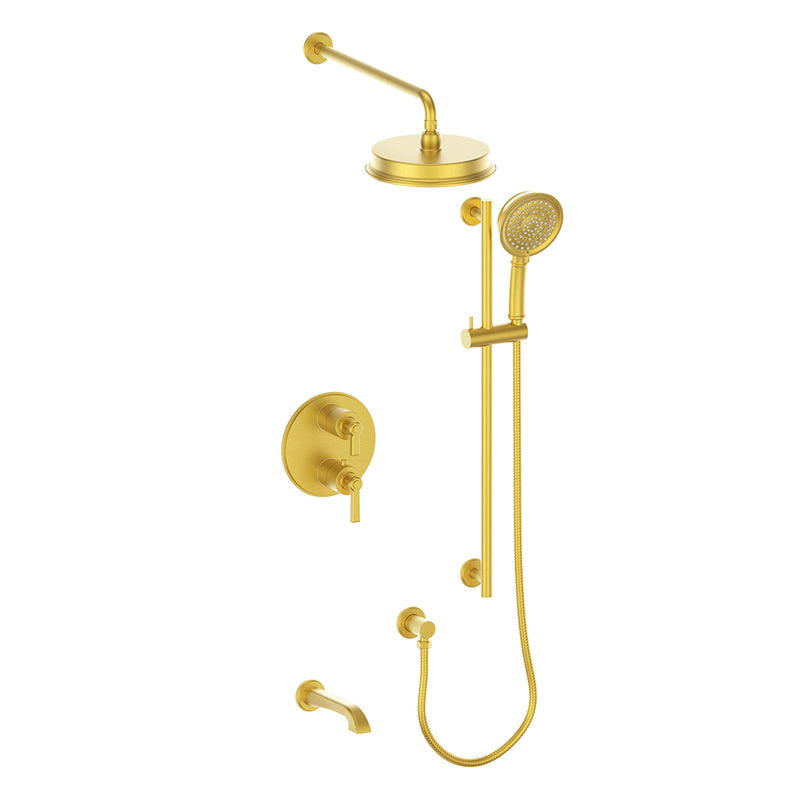 Vogt Zehn 3-Function Thermostatic Tub & Shower System with 8" Rain Head, Hand Shower & Tub Spout – Wall-Mount – Brushed Gold – SET.Z1.320.310.BG