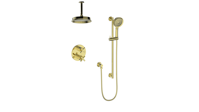 Vogt Zehn 2-Function Thermostatic Shower System with 8" Rain Head & Hand Shower – Ceiling-Mount – Brushed Gold – SET.Z4.220.216.BG