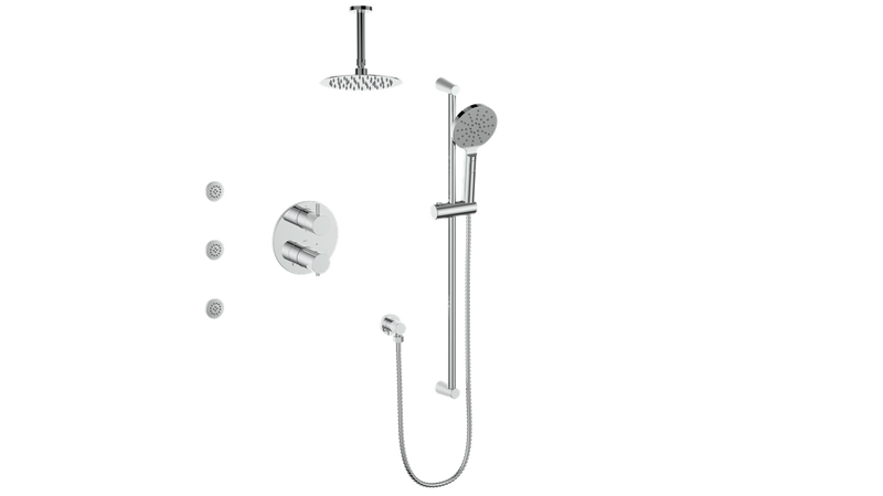Vogt Worgl 3-Function Thermostatic Shower System with 8" Rain Head, Hand Shower & Body Jets – Ceiling-Mount – Chrome – SET.WL.320.816.CC