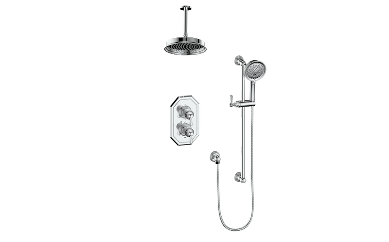 Vogt Carinthia 2-Function Thermostatic Shower System with 8" Rain Head & Hand Shower – Ceiling-Mount – Lever Handle – Chrome – SET.C1.220.216.CC