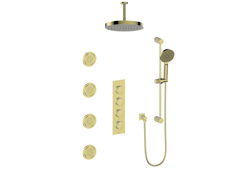 Vogt Mond 3/4" High-Flow Thermostatic Shower System with Body Jets and 6" Ceiling Arm Thermostatic Shower System with 12" Rain Head, Hand Shower & Body Jets – Ceiling-Mount – 3/4" Valve – Brushed Gold – SET.M1.350.936.BG
