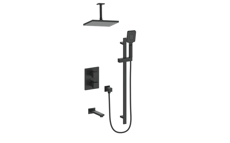 Vogt Kapfenberg 3-Function Thermostatic Tub & Shower System with 10" Rain Head, Hand Shower & Tub Spout – Ceiling-Mount – Matte Black – SET.AP.320.326.MB