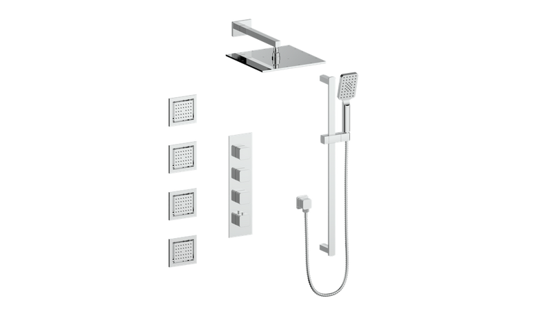 Vogt Niveau 3/4" High-Flow Thermostatic Shower System with 12" Rain Head, Hand Shower & Body Jets – Wall-Mount – Chrome – SET.NU.350.930.CC