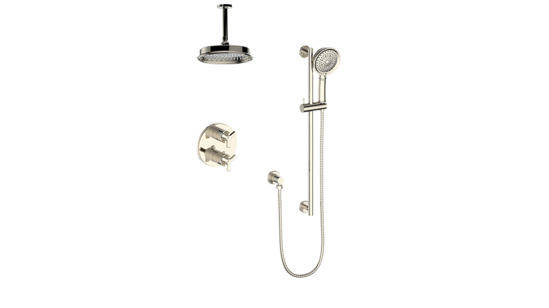 Vogt Zehn 2-Function Thermostatic Shower System with 8" Rain Head & Hand Shower – Ceiling-Mount – Polished Nickel – SET.Z3.220.216.PN