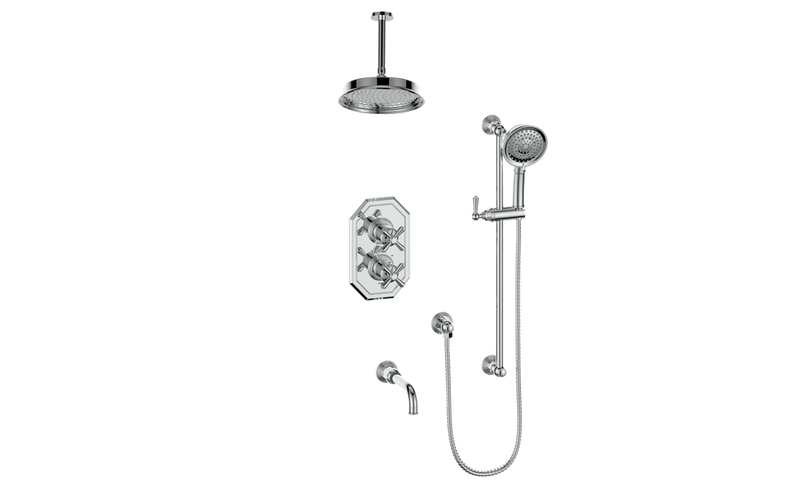 Vogt Carinthia 3-Function Thermostatic Tub & Shower System with 8" Rain Head, Hand Shower & Tub Spout – Ceiling-Mount – Chrome – SET.C31.320.316.CC