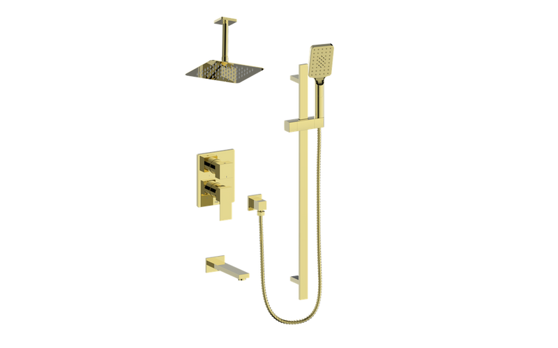 Vogt Kapfenberg 3-Function Pressure-Balanced Tub & Shower System with 8" Rain Head, Hand Shower & Tub Spout – Ceiling-Mount – Brushed Gold – SET.KG.310.316.BG