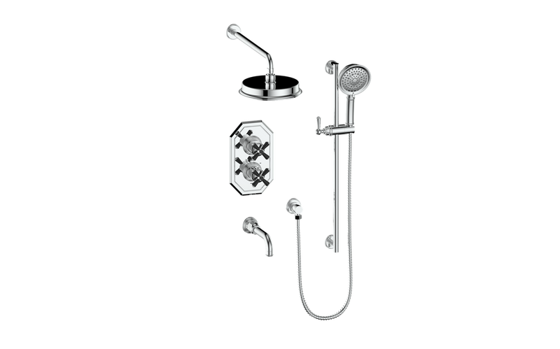 Vogt Carinthia 3-Function Thermostatic Tub & Shower System with 8" Rain Head, Hand Shower & Tub Spout – Wall-Mount – Chrome / Matte Black – SET.C31.320.310.CB