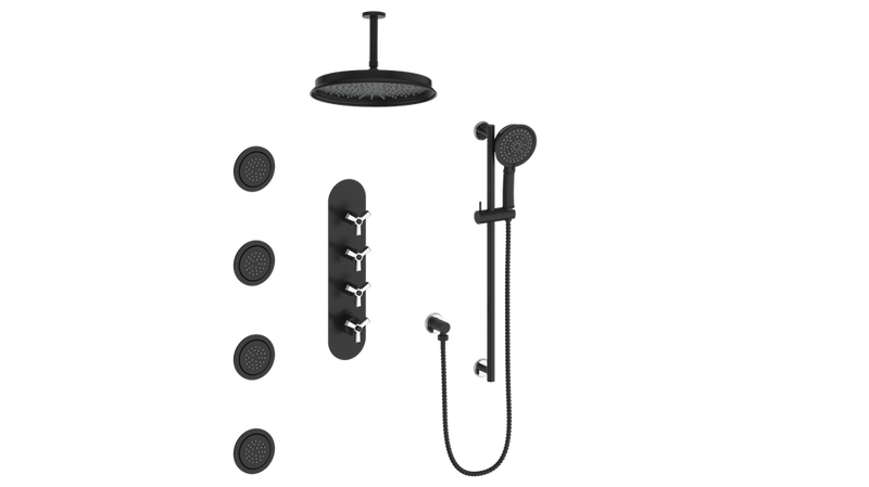 Vogt Zehn 3/4" High-Flow Thermostatic Shower System with 12" Rain Head, Hand Shower & Body Jets – Ceiling-Mount – Matte Black / Chrome – SET.Z3.350.936.CB