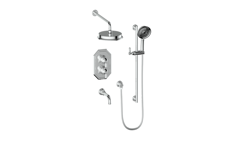 Vogt Carinthia 3-Function Thermostatic Tub & Shower System with 8" Rain Head, Hand Shower & Tub Spout – Wall-Mount – Chrome – SET.C21.320.310.CC