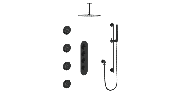 Vogt Drava 3-Function Thermostatic Shower System with 12" Rain Head, Hand Shower & Body Jets – Ceiling-Mount – 3/4" Valve – Matte Black – SET.DA.350.936.MB
