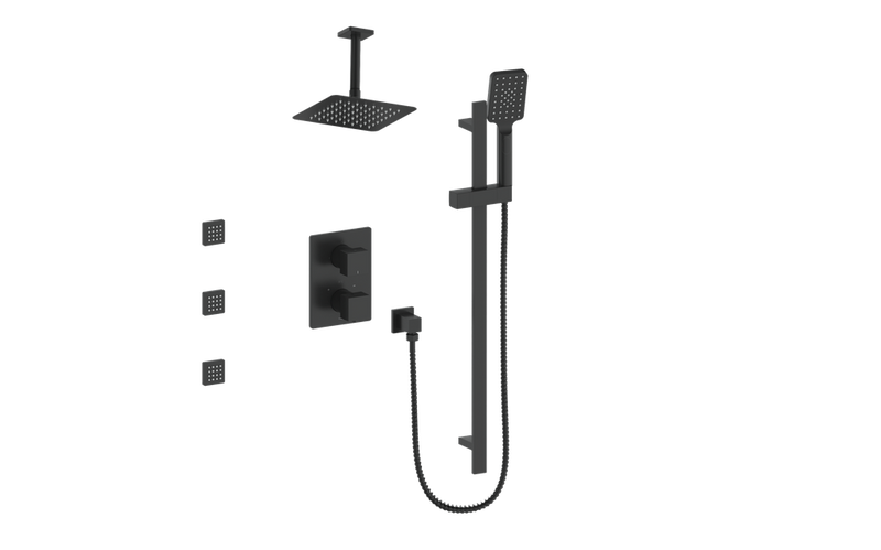 Vogt Kapfenberg 3-Function Thermostatic Shower System with 10" Rain Head, Hand Shower & Body Jets – Ceiling-Mount – Matte Black – SET.KG.320.816.MB
