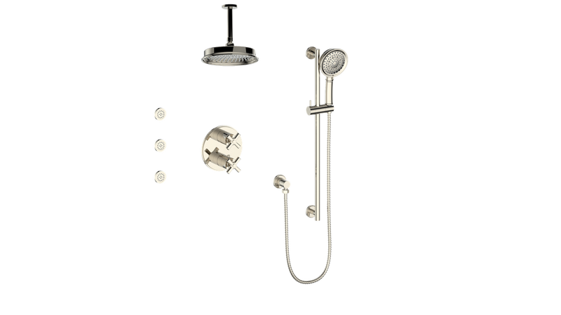 Vogt Zehn 3-Function Thermostatic Shower System with 8" Rain Head, Hand Shower & Body Jets – Ceiling-Mount – Polished Nickel – SET.Z4.320.816.PN