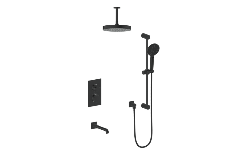 Vogt Mond 3-Function Thermostatic Tub & Shower System with 10" Rain Head, Hand Shower & Tub Spout – Ceiling-Mount – Matte Black – SET.M2.320.316.MB